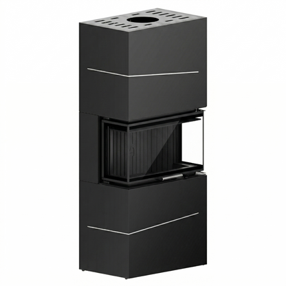 Black freestanding Albero AL9C three sided wood fireplace with visible flame view from a panoramic glass standing beside a flower in a modern living room. Eco Design Fireplace, Modern Indoor Fireplace. This fireplace is similar to A.Caminetti Crystal 80 3D Wood Burning Fireplace with 3 Glass Sides, Crystal 110 Max Wood-Burning Fireplace A.Caminetti 3 Glass Sides, Three Sided 75, Kratki – Inga Freestanding 3 sided Fireplace., Dorako ECO MAX 7 3F 3 Sided Glass Wood Stove: Handmade Wall-Insert Glass Fireplace.