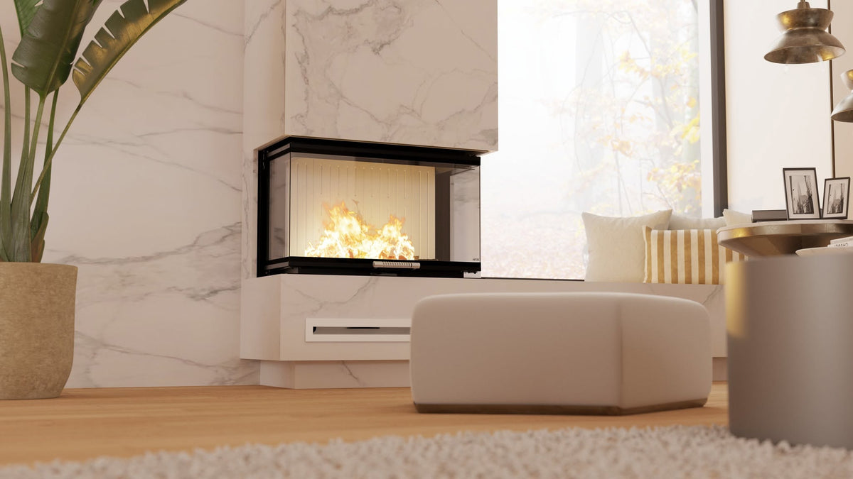 Albero 9C three sided built in indoor glass fireplace with a visible burning flame in a modern living room, Modern fireplace, Mid century Fireplace, Modern panoramic glass fire view fireplace. this fireplace is similar to; Dorako ECO MAX 7 3F 3 Sided Glass Wood Stove: Handmade Wall-Insert Glass Fireplace - STANDARD, A.Caminetti Crystal 80 3D Wood Burning Fireplace with 3 Glass Sides, Crystal 110 Max Wood-Burning Fireplace A.Caminetti 3 Glass Sides. Built with chimney pipe.
