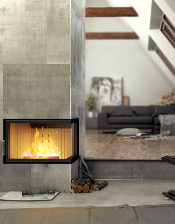 Black Corner Built-in 2 sided glass Indoor wood burning fireplace inserts with visible wood burning flame in a living room. EcoDesign Modern Fireplace,  that guarantees rigidity and resistance to high temperature. This product is similar to; KFD ECO 70 L/R Corner Fireplace Insert - Wood Burning Stove - BLACK COLOR, Dorako ECO Max 7 Left /Right Corner Wood Burning Fireplace - Scandinavian Modern Wall-Insert Stove - Right hand Corner / Standard, Montigo Divine Corner HL38DFCL/CR Direct Vent Gas Fireplace.

