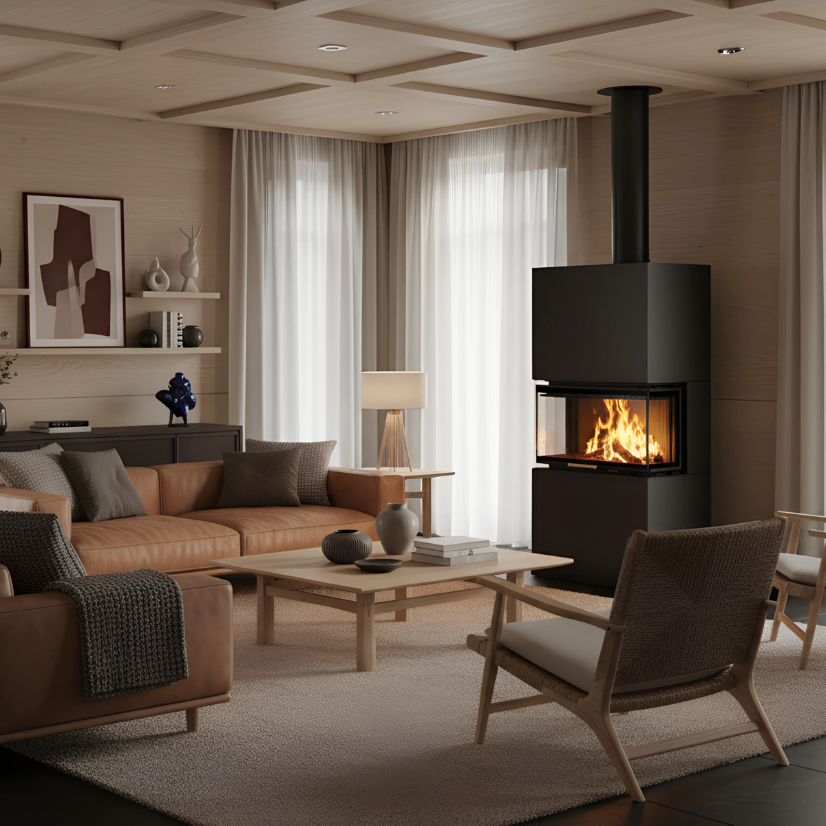 Black freestanding Albero AL9C three sided wood fireplace with visible flame view from a panoramic glass standing beside a flower in a modern living room. Eco Design Fireplace, Modern Indoor Fireplace. This fireplace is similar to A.Caminetti Crystal 80 3D Wood Burning Fireplace with 3 Glass Sides, Crystal 110 Max Wood-Burning Fireplace A.Caminetti 3 Glass Sides, Three Sided 75, Kratki – Inga Freestanding 3 sided Fireplace., Dorako ECO MAX 7 3F 3 Sided Glass Wood Stove: Handmade Wall-Insert Glass Fireplace.