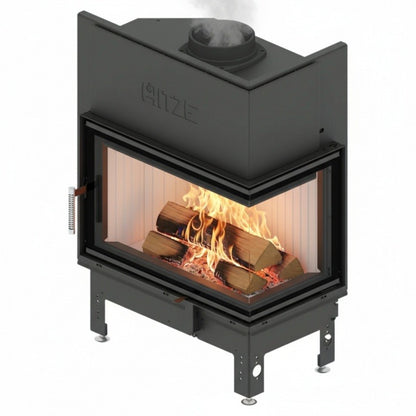 Black Corner Bult-in 2 sided glass Indoor wood burning fireplace inserts with visible wood burning flame. EcoDesign Modern Fireplace,  that guarantees rigidity and resistance to high temperature. This product is similar to; KFD ECO 70 L/R Corner Fireplace Insert - Wood Burning Stove - BLACK COLOR, Dorako ECO Max 7 Left /Right Corner Wood Burning Fireplace - Scandinavian Modern Wall-Insert Stove - Right hand Corner / Standard, Montigo Divine Corner HL38DFCL/CR Direct Vent Gas Fireplace.
