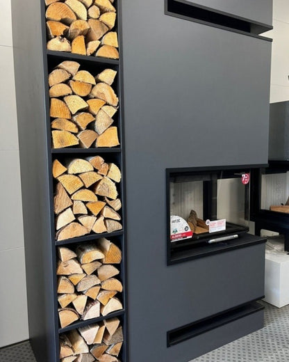 Black Corner Built-in 2 sided glass Indoor wood burning fireplace inserts in a living room. EcoDesign Modern Fireplace,  that guarantees rigidity and resistance to high temperature. This product is similar to; KFD ECO 70 L/R Corner Fireplace Insert - Wood Burning Stove - BLACK COLOR, Dorako ECO Max 7 Left /Right Corner Wood Burning Fireplace - Scandinavian Modern Wall-Insert Stove - Right hand Corner / Standard, Montigo Divine Corner HL38DFCL/CR Direct Vent Gas Fireplace.
