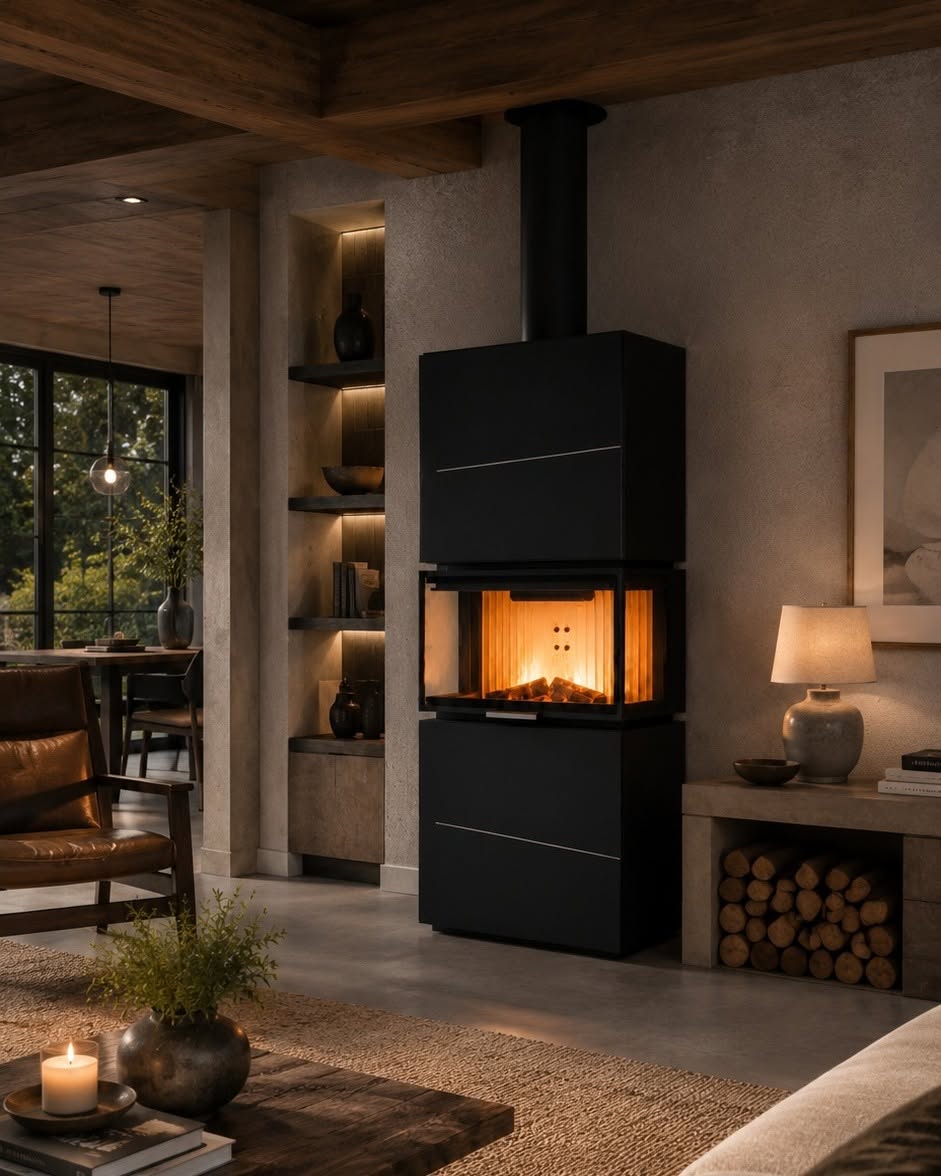 Black freestanding Albero AL9C three sided wood fireplace with visible flame view from a panoramic glass standing beside a flower in a modern living room. Eco Design Fireplace, Modern Indoor Fireplace. This fireplace is similar to A.Caminetti Crystal 80 3D Wood Burning Fireplace with 3 Glass Sides, Crystal 110 Max Wood-Burning Fireplace A.Caminetti 3 Glass Sides, Three Sided 75, Kratki – Inga Freestanding 3 sided Fireplace., Dorako ECO MAX 7 3F 3 Sided Glass Wood Stove: Handmade Wall-Insert Glass Fireplace.