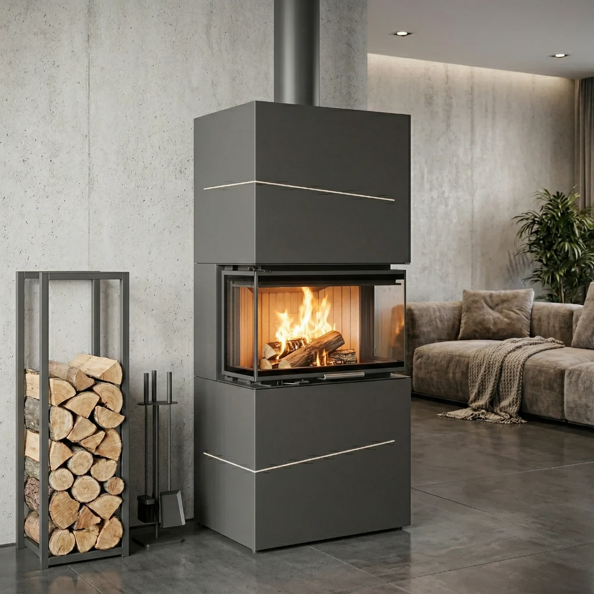 Black freestanding Albero AL9C three sided wood fireplace with visible flame view from a panoramic glass standing beside a flower in a modern living room. Eco Design Fireplace, Modern Indoor Fireplace. This fireplace is similar to A.Caminetti Crystal 80 3D Wood Burning Fireplace with 3 Glass Sides, Crystal 110 Max Wood-Burning Fireplace A.Caminetti 3 Glass Sides, Three Sided 75, Kratki – Inga Freestanding 3 sided Fireplace., Dorako ECO MAX 7 3F 3 Sided Glass Wood Stove: Handmade Wall-Insert Glass Fireplace.