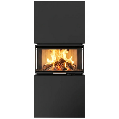 Black freestanding Albero AL9C three sided wood fireplace with visible flame view from a panoramic glass standing beside a flower in a modern living room. Eco Design Fireplace, Modern Indoor Fireplace. This fireplace is similar to A.Caminetti Crystal 80 3D Wood Burning Fireplace with 3 Glass Sides, Crystal 110 Max Wood-Burning Fireplace A.Caminetti 3 Glass Sides, Three Sided 75, Kratki – Inga Freestanding 3 sided Fireplace., Dorako ECO MAX 7 3F 3 Sided Glass Wood Stove: Handmade Wall-Insert Glass Fireplace.