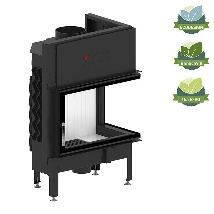 Angle view of Black Corner Built-in 2 sided glass Indoor wood burning fireplace inserts. EcoDesign complies Modern Fireplace,  that guarantees rigidity and resistance to high temperature. This product is similar to; KFD ECO 70 L/R Corner Fireplace Insert - Wood Burning Stove - BLACK COLOR, Dorako ECO Max 7 Left /Right Corner Wood Burning Fireplace - Scandinavian Modern Wall-Insert Stove - Right hand Corner / Standard, Montigo Divine Corner HL38DFCL/CR Direct Vent Gas Fireplace, Majestic Corner Direct Vent.