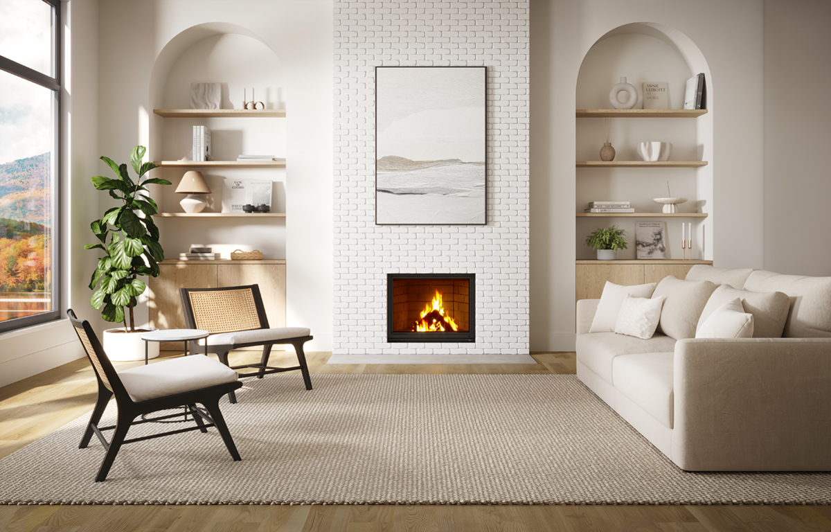Valcourt Antoinette Black Built-in indoor wood burning fireplace with mansory trim, guillotine-style door and  visible wood burning flame in a modern living room with large window. Heating area up to 1,000 sq. ft, EPA qualified. Antoinette Modern hearth fireplace is similar to Majestic Biltmore Wood Burning Fireplace - 50", Supreme Astra Single-Sided Wood Burning Fireplace, Empire Aspen Traditional Wood Burning Fireplace, Montigo Divine Bay H38DFPRC Direct Vent Gas Fireplace, Modern Flames Orion.