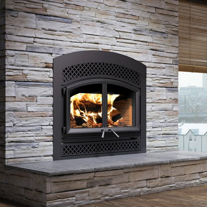 Valcourt Waterloo FP15A Indoor Built-in Wood burning fireplace with Arabesque faceplate louver and a visible wood burning flame. 95,000 btu, 11 hr burning time, Largest model with high efficiency. Valcourt Waterloo FP15A is similar to, Napoleon High Country Series Wood Burning Fireplace, Ventis HE350 Zero Clearance Fireplace Insert Wood Burning 95,000 BTU 2,800 Sq. Ft New, Osburn Stratford II Wood Fireplace with Door, Majestic WarmMajic-II Wood Fireplace - WARMMAJIC-II.