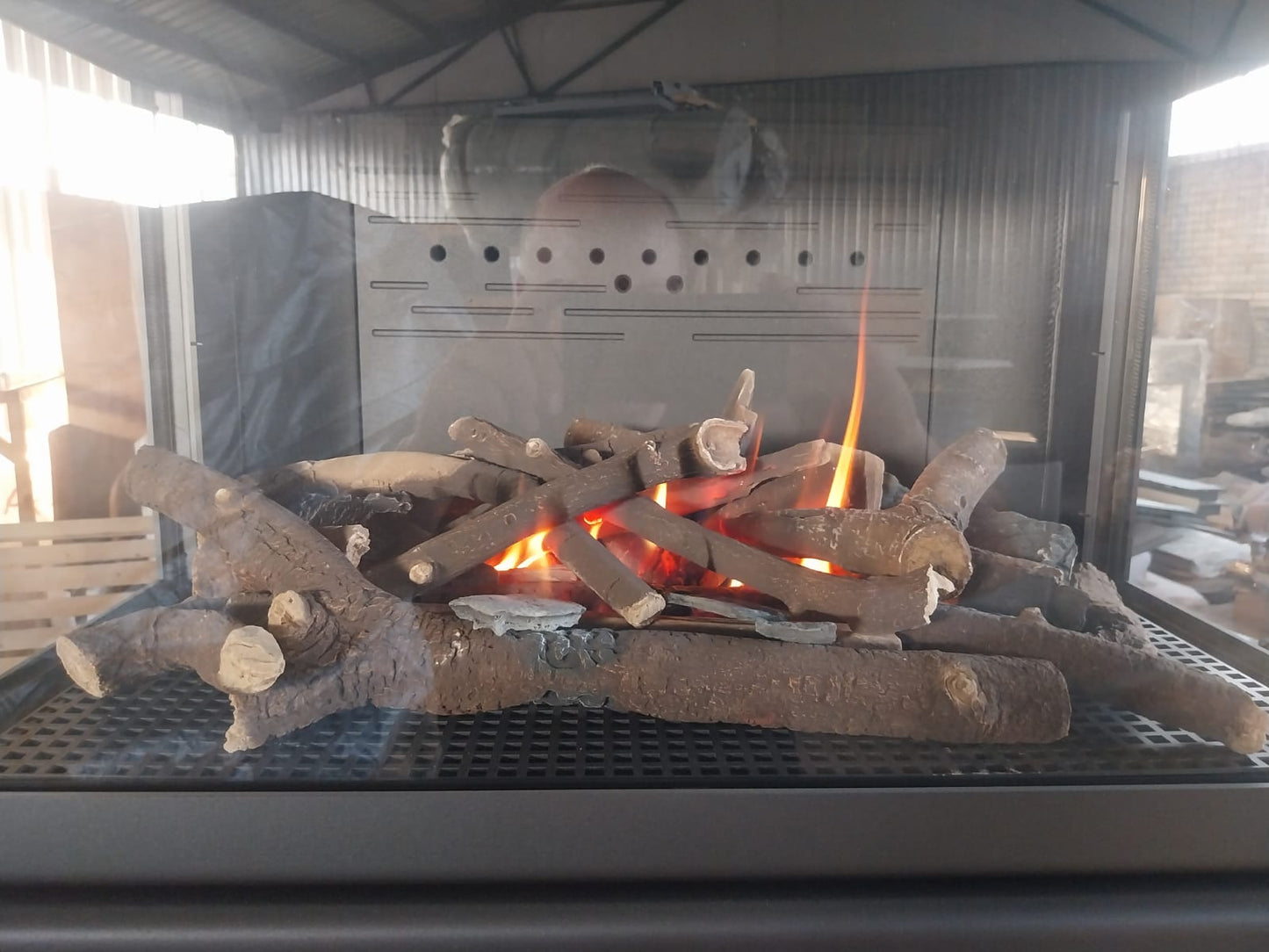 This is The Handmade Direct Vent KFD Ariana 3 Sided fireplace This is the Gas Model of the 3 sided see through ariana fireplace- Direct Vent Handmade to order. Modern Fireplace Mid Century Modern Cone style see through room center ready fireplace- Gas or Wood