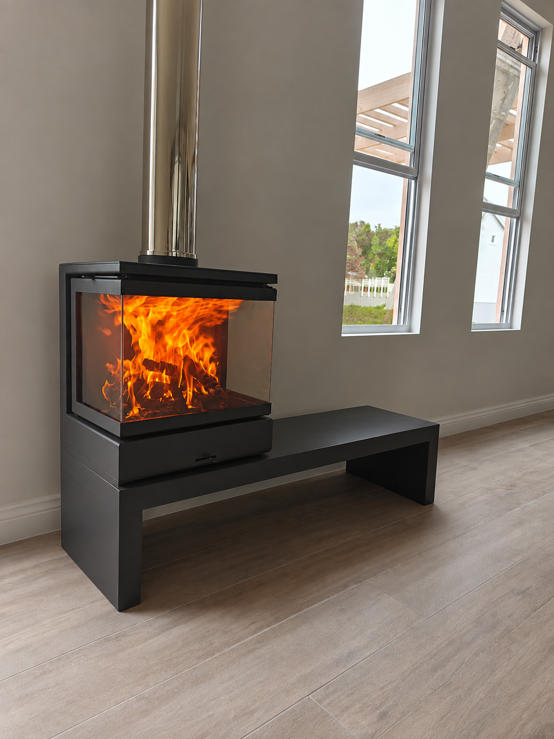 Dorako Ariana Max 3-Sided Panoramic Glass Cast Iron Wood Burning Stove | Wide Bench Included | 15kW Ecodesign