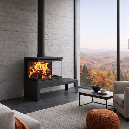 Dorako Ariana Max 3-Sided Panoramic Glass Cast Iron Wood Burning Stove | Wide Bench Included | 15kW Ecodesign