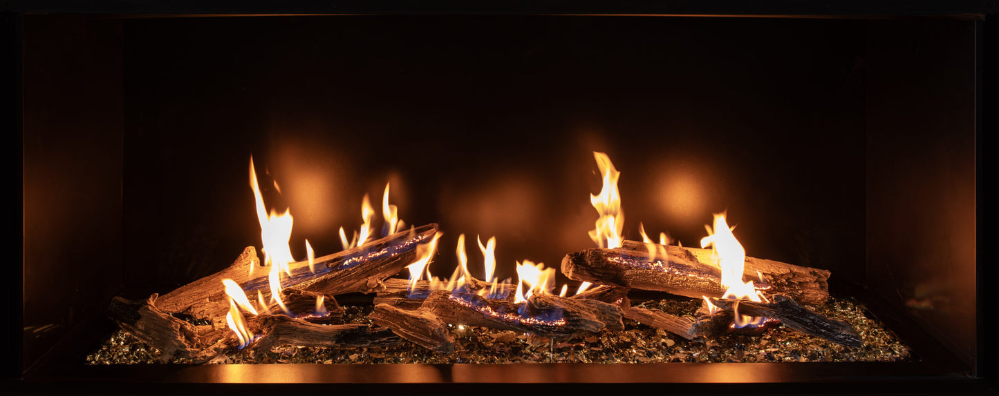 up close view of48" Summit Linear Traditional log Gas Glass Fireplace 