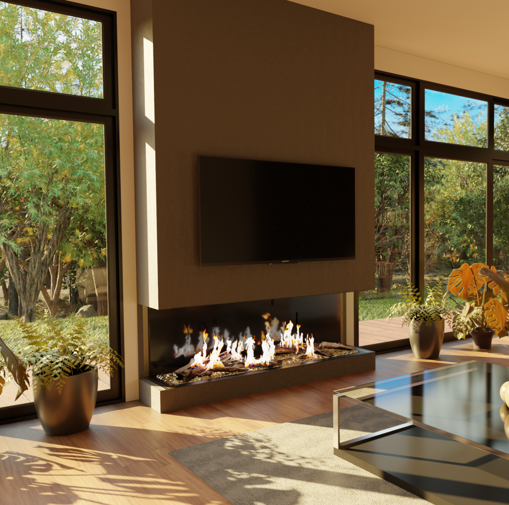 48" Summit Linear Traditional log Gas Glass Fireplace in Modern living room.