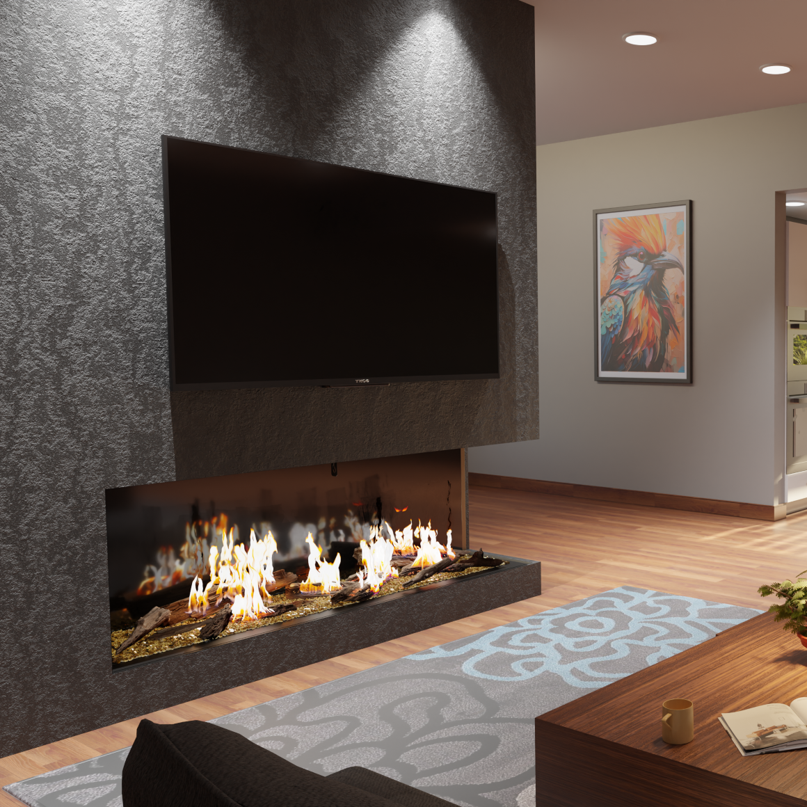 48" Summit Linear Traditional Log Gas Fireplace in Modern living room.