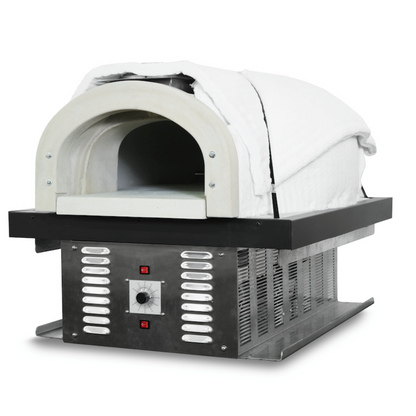Brick outdoor Wood Gas Hybrid pizza oven with wood storage on a patio outdoor kitchen setup ready to make your perfect outdoor kitchen. CBO 750 Hybrid Pizza Oven, dual fuel pizza oven, outdoor wood fired pizza oven, natural gas pizza oven, DIY pizza oven kit, residential countertop pizza oven, Chicago Brick Oven, backyard pizza oven, outdoor kitchen pizza oven, hybrid pizza oven for home. Alfa Pizza Oven 3 pizze but better made in America  with built in Gas BBQ LPG NG Pizza Oven with Wood Burning option