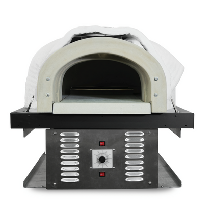Brick outdoor Wood Gas Hybrid pizza oven with wood storage on a patio outdoor kitchen setup ready to make your perfect outdoor kitchen. CBO 750 Hybrid Pizza Oven, dual fuel pizza oven, outdoor wood fired pizza oven, natural gas pizza oven, DIY pizza oven kit, residential countertop pizza oven, Chicago Brick Oven, backyard pizza oven, outdoor kitchen pizza oven, hybrid pizza oven for home. Alfa Pizza Oven 3 pizze but better made in America  with built in Gas BBQ LPG NG Pizza Oven Wood Burning Ooni Gozney