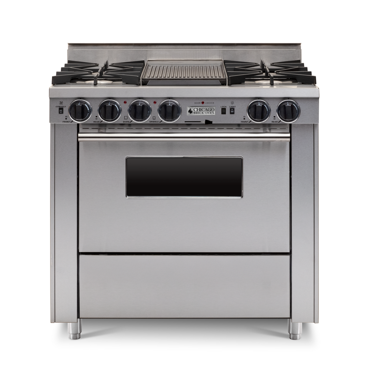 Stainless steel kitchen range with four burners and an oven on a white background