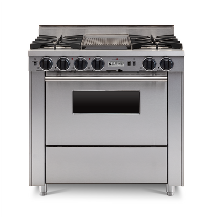 Stainless steel kitchen range with four burners and an oven on a white background