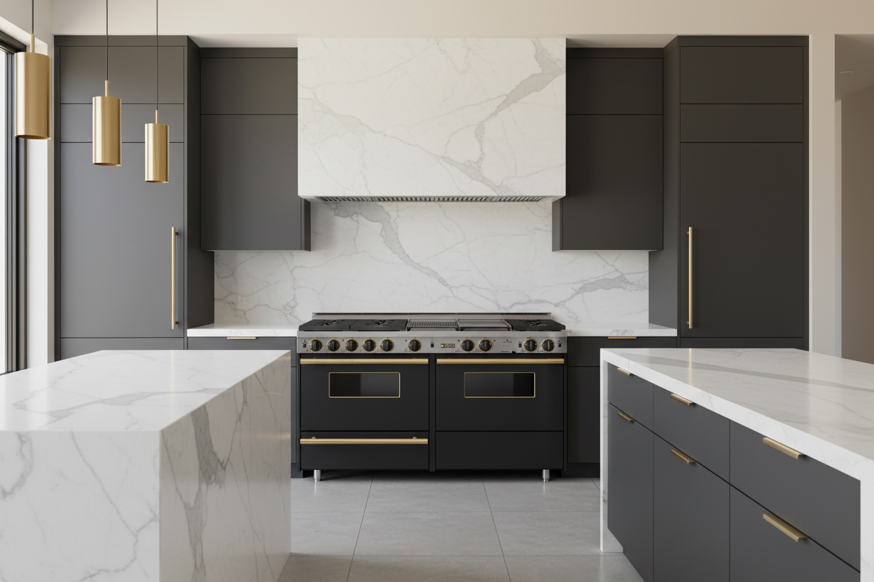 Black and gold stove with multiple burners on a white background Chicago Brick oven custom stove