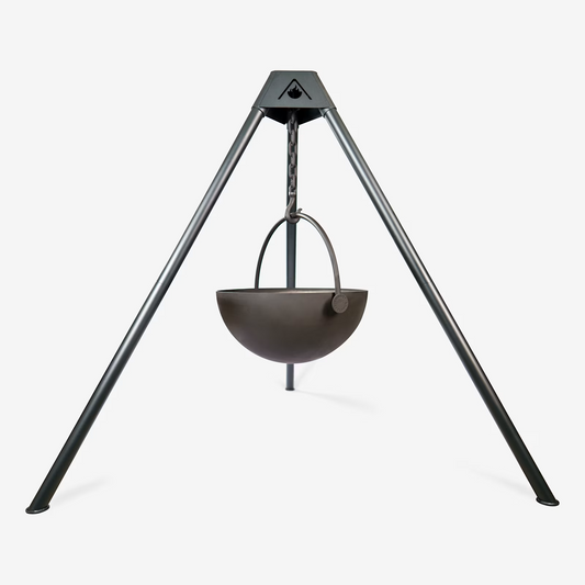Cowboy Cauldron Tripod Stand Urban cowboy Wood Burning Fire Pit - Used in the garden, the Cow Cauldron is able to be moved anywhere - because it will not heat up the ground under it, move it to have a fire anywhere you please. Cowboy Cauldron the Wrangle 36": can be a grill can be a patio heater and is a beautiful piece of art work BACKYARD SOPHISTICATION, IN A MODULAR FLOATING FIRE PIT PIECE DESIGNED TO BE FUNCTIONAL AND ARTISTIC

The cowboy Cauldron Wrangler is a Modular Floating Firepit that with not onl
