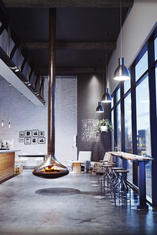 42" Triple-Sided Modern Suspended/ Floating Indoor Fireplace with visible flame in a modern Bed room.
Elevate your space with our 360 degree fire view Suspended & Hanging Fireplaces. Unique designs featuring New Flame technology (Vapor-Fire)
This fireplace is similar to Gyrofocus fireplace