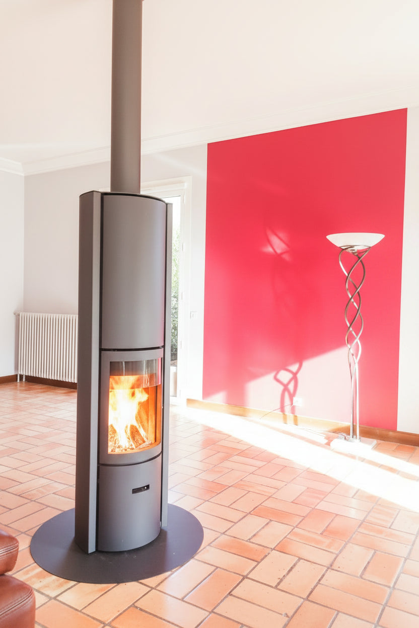 Modern fireplace with a basket of wood on a red and gray wall STUV Modern MCM Fireplace Cylinder fireplace Modern floating fireplace with steel plate for low clearance zero clearance fireplace background Stûv 30 slow-burn wood stove with 360° rotation and up to three operating modes. EPA certified