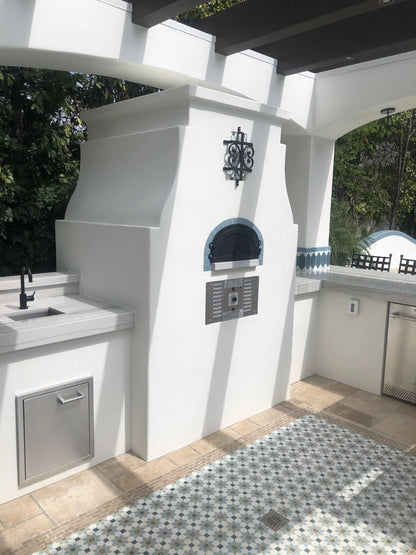 Dual fuel Natural gas and wood-fired built-in outdoor residential pizza oven CBO-750 Hybrid Pizza oven DIY Kits with burning flame Inside the Dome in a backyard setting. The DIY kit includes everything you need to build your custom pizza oven. 
High efficient two gas burner system, ready to finish enclosure bundle, Fireproof and weather-resistant design chicago brick oven 750 hybrid pizza oven. 
Countertop Pizza oven, backyard pizza oven, outdoor kitchen pizza oven similar to Premio pizza oven kit-Forno..