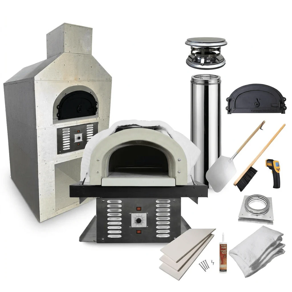 Collection bundle of dual fuel two gas burner system CBO-750 Hybrid outdoor cooking pizza oven DIY kits on a white background which includes Dome, Pizza Peel, Brush, Infrared Thermometer Gun, Decorative Door, Insulating Board & Blanket, Steel Plate.
The DIY kit includes everything you need to build your custom backyard pizza oven. Ready to finish enclosure bundle, Fireproof and weather-resistant design chicago brick oven 750 hybrid pizza oven. 
Countertop Pizza oven, backyard pizza oven.

