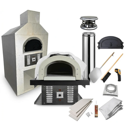 Collection bundle of dual fuel two gas burner system CBO-750 Hybrid outdoor cooking pizza oven DIY kits on a white background which includes Dome, Pizza Peel, Brush, Infrared Thermometer Gun, Decorative Door, Insulating Board & Blanket, Steel Plate.
The DIY kit includes everything you need to build your custom backyard pizza oven. Ready to finish enclosure bundle, Fireproof and weather-resistant design chicago brick oven 750 hybrid pizza oven. 
Countertop Pizza oven, backyard pizza oven.

