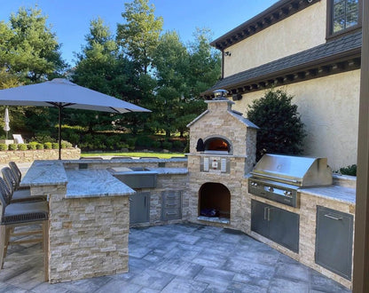 Dual fuel Natural gas and wood-fired built-in outdoor residential pizza oven CBO-750 Hybrid Pizza oven DIY Kits with burning flame Inside the Dome in a backyard setting. The DIY kit includes everything you need to build your custom pizza oven. 
High efficient two gas burner system, ready to finish enclosure bundle, Fireproof and weather-resistant design chicago brick oven 750 hybrid pizza oven. 
Countertop Pizza oven, backyard pizza oven, outdoor kitchen pizza oven similar to Premio pizza oven kit-Forno.