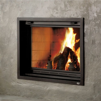 Valcourt Antoinette Black Built-in indoor wood burning fireplace with mansory trim, guillotine-style door and  visible wood burning flame in a modern living room with large window. Heating area up to 1,000 sq. ft, EPA qualified. Antoinette Modern hearth fireplace is similar to Majestic Biltmore Wood Burning Fireplace - 50", Supreme Astra Single-Sided Wood Burning Fireplace, Empire Aspen Traditional Wood Burning Fireplace, Montigo Divine Bay H38DFPRC Direct Vent Gas Fireplace, Modern Flames Orion.