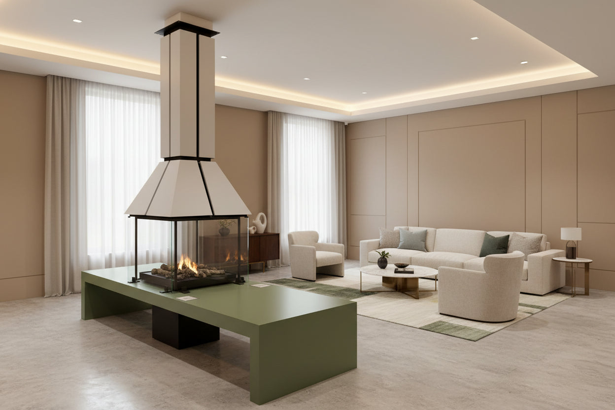 White Steel gas fireplace with bench for center of room 360 spin a fire style carousel style malm fireplace zircon color white STUV Canadian Designer fireplace Custom designed, interior designer discounts