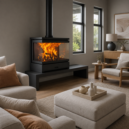 Dorako Ariana Max 3-Sided Panoramic Glass Cast Iron Wood Burning Stove | Wide Bench Included | 15kW Ecodesign