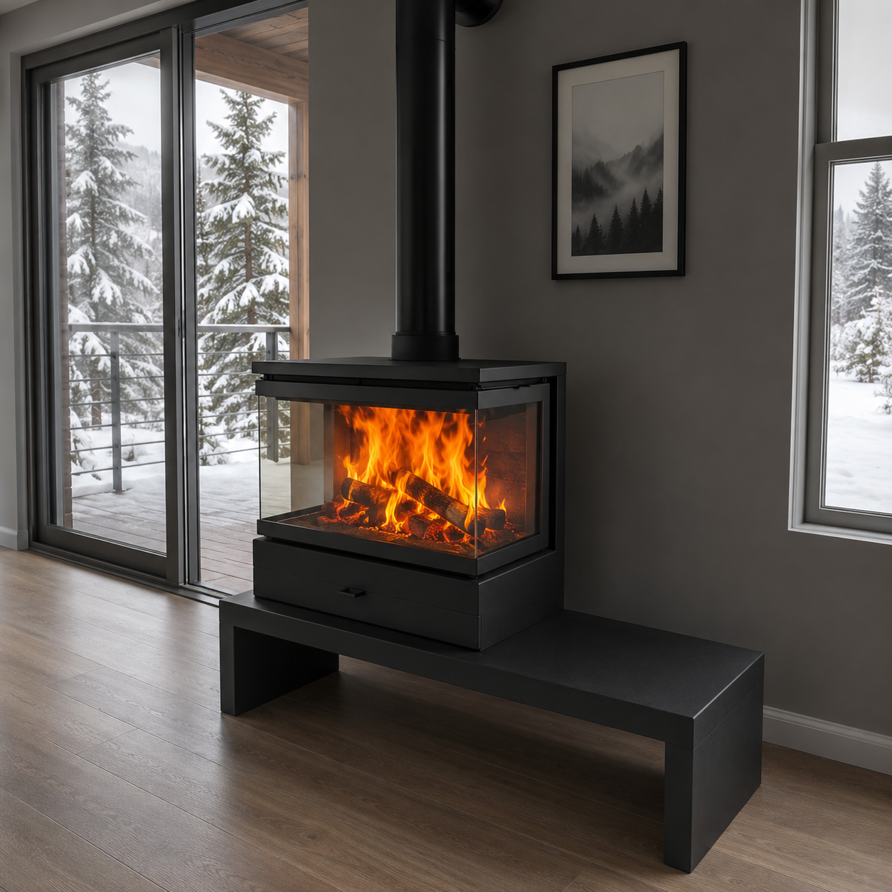 Dorako Ariana Max 3-Sided Panoramic Glass Cast Iron Wood Burning Stove | Wide Bench Included | 15kW Ecodesign