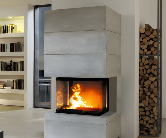 In-wall Dorako Eco Max 7 Three sided wood burning fireplace with visible flame in a modern living room with bookshelf and woodpile to the side