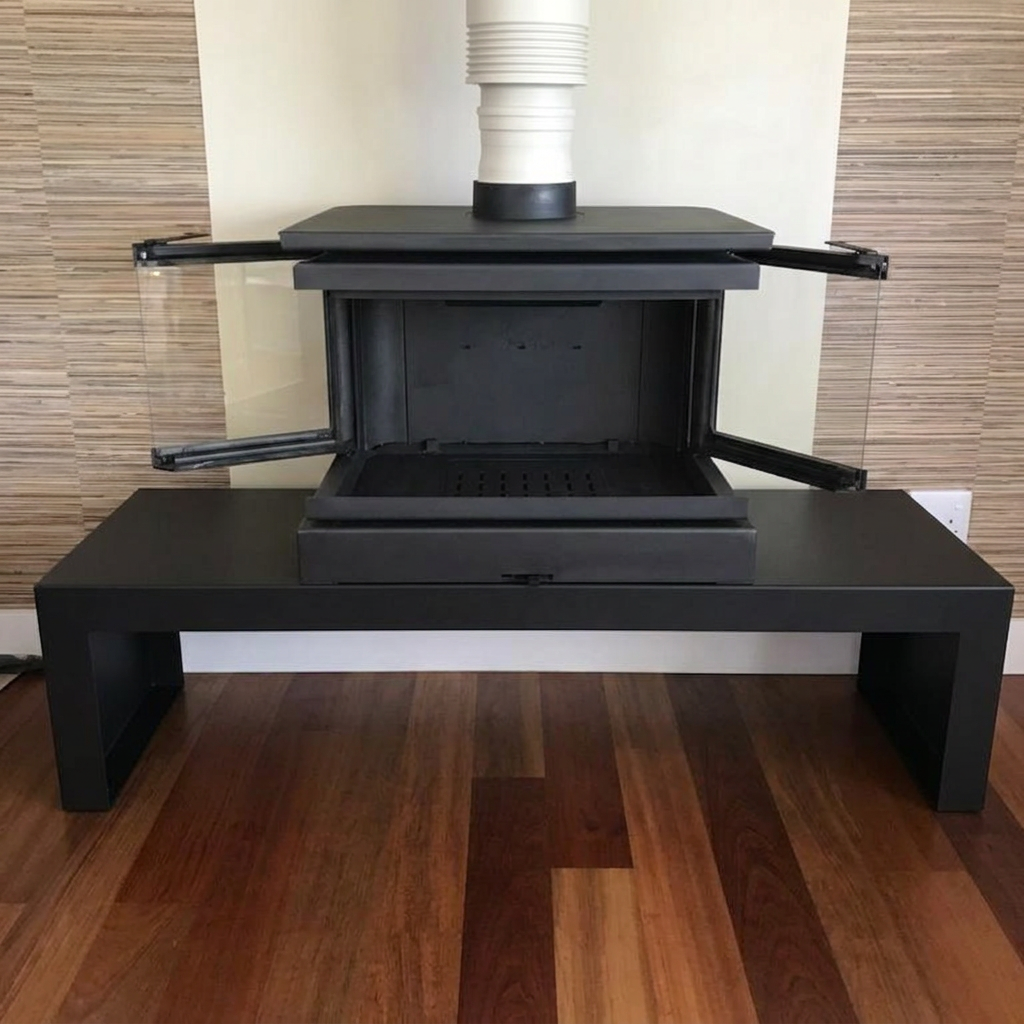 Dorako Ariana Max 3-Sided Panoramic Glass Cast Iron Wood Burning Stove | Wide Bench Included | 15kW Ecodesign