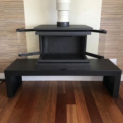 Dorako Ariana Max 3-Sided Panoramic Glass Cast Iron Wood Burning Stove | Wide Bench Included | 15kW Ecodesign