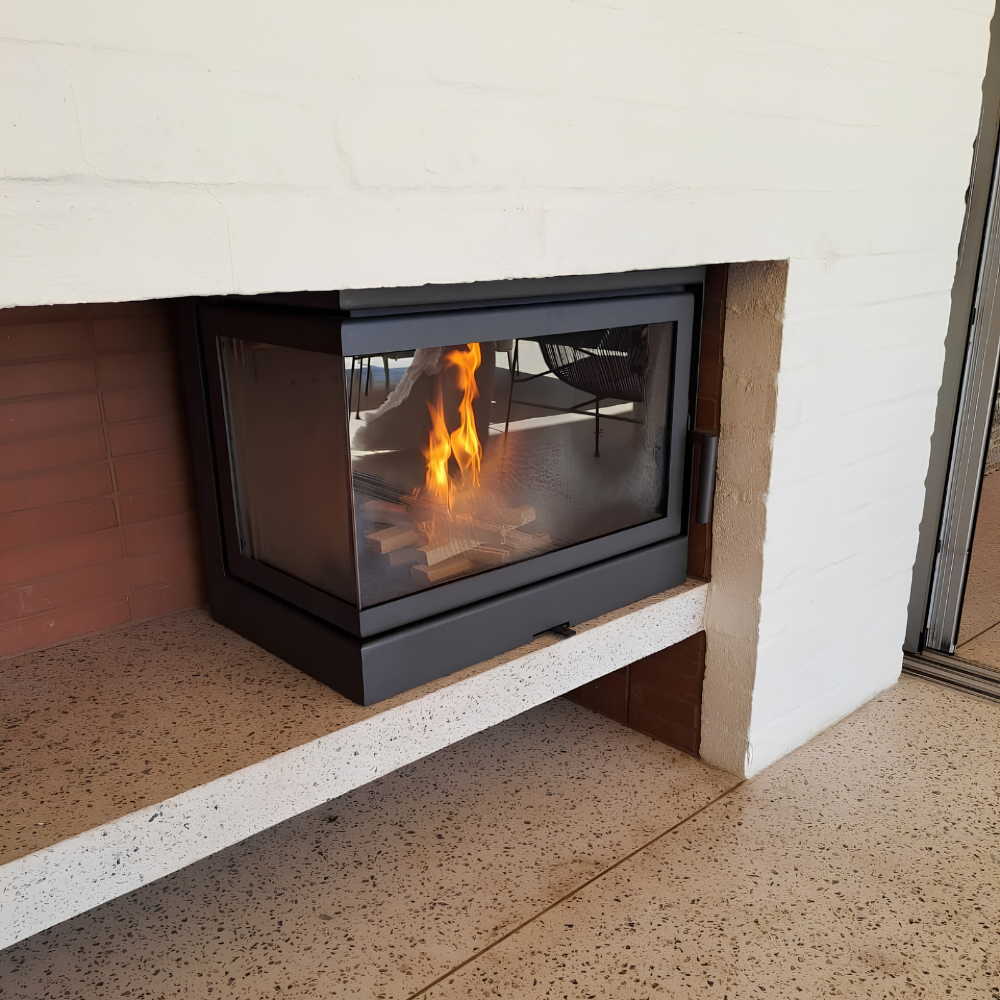 Black finish wood burning stove Dorako sto M 14 Left corner fireplace with a burning fire view in a modern living.
Cast iron freestanding Wood burning close combustion fireplace with Two-Sided Viewing. The Corner Two-Sided wood stove brings an unused space to life, either left- or right-facing. It is a nove
Dorako sto M 14 R is similar to Montigo DIVINE Multi Corner Gas Fireplace | H38CL/CR, Majestic Trilliant 30 Freestanding Direct Vent Gas Fireplace - TRILLIANT30, Napoleon Wood Stove 1450 Independence