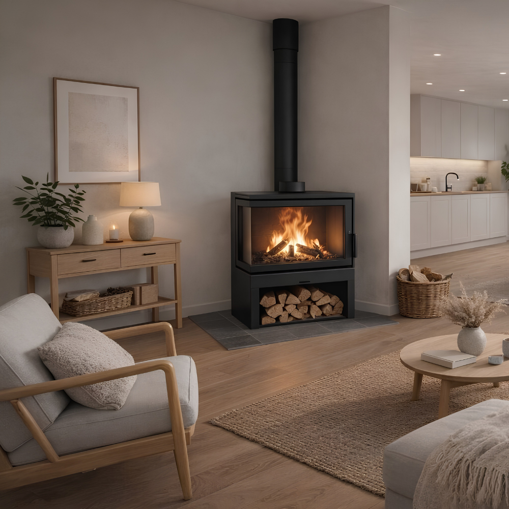 Black finish wood burning stove Dorako sto M 14 Right corner fireplace with a burning fire view in a modern living.
Cast iron freestanding Wood burning close combustion fireplace with Two-Sided Viewing. The Corner Two-Sided wood stove brings an unused space to life, either left- or right-facing. It is a nove
Dorako sto M 14 R is similar to Montigo DIVINE Multi Corner Gas Fireplace | H38CL/CR, Majestic Trilliant 30 Freestanding Direct Vent Gas Fireplace - TRILLIANT30, Napoleon Wood Stove 1450 Independence