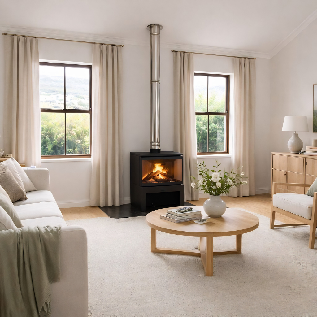 Black finish wood burning stove Dorako sto M 14 Right corner fireplace with a burning fire view in a modern living.
Cast iron freestanding Wood burning close combustion fireplace with Two-Sided Viewing. The Corner Two-Sided wood stove brings an unused space to life, either left- or right-facing. It is a nove
Dorako sto M 14 R is similar to Montigo DIVINE Multi Corner Gas Fireplace | H38CL/CR, Majestic Trilliant 30 Freestanding Direct Vent Gas Fireplace - TRILLIANT30, Napoleon Wood Stove 1450 Independence