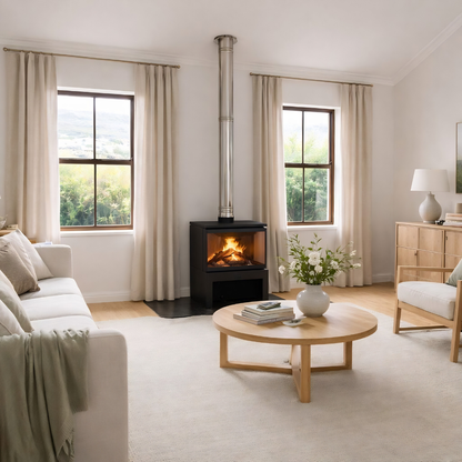 Black finish wood burning stove Dorako sto M 14 Right corner fireplace with a burning fire view in a modern living.
Cast iron freestanding Wood burning close combustion fireplace with Two-Sided Viewing. The Corner Two-Sided wood stove brings an unused space to life, either left- or right-facing. It is a nove
Dorako sto M 14 R is similar to Montigo DIVINE Multi Corner Gas Fireplace | H38CL/CR, Majestic Trilliant 30 Freestanding Direct Vent Gas Fireplace - TRILLIANT30, Napoleon Wood Stove 1450 Independence