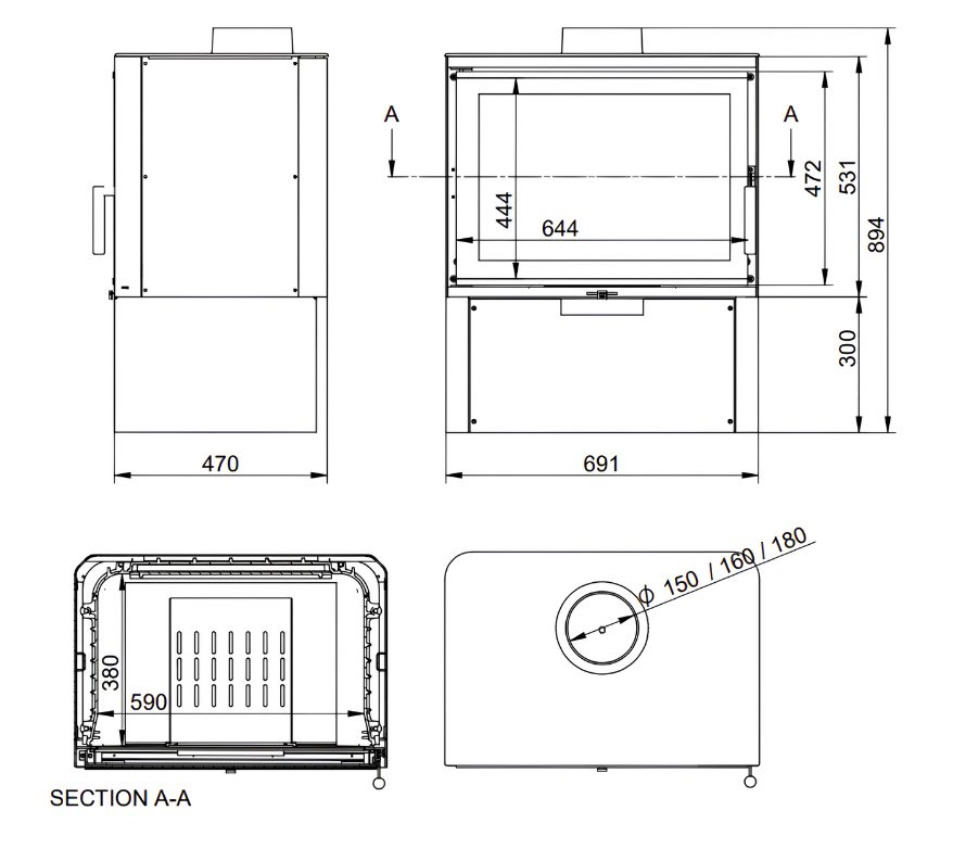 Technical drawing of dorakoo sto iM 14 wood burning fireplace.