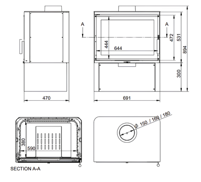 Technical drawing of dorakoo sto iM 14 wood burning fireplace.