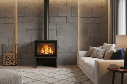 Black Freestanding wood burning stove Dorako STO iM 14 Cast iron Indoor Fireplace on a white background. 
Dorako sto im 14 is similar to Stûv 16 Wood Burning Stove Cube 58 & 68 Model - Freestanding Fireplace - StûvBlack / S16 Cube-58, Osburn Matrix Wood Stove, Napoleon S20 Wood Burning Stove.