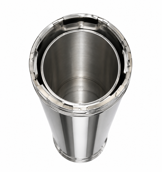 Angle Inner view of double wall stainless steel duravent duratech premium all-fuel chimney pipe for use with wood stoves, wood fireplaces and other appliances using wood, oil, gas, or coal. High temperature resistance and corrosion.