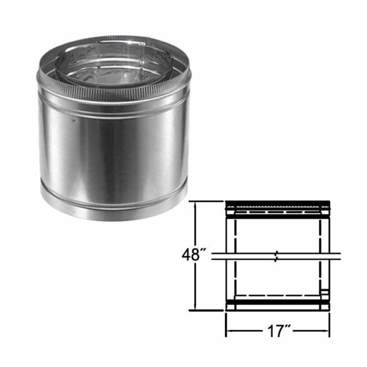 Front view of stainless steel duratech II chimney pipe showing a circular opening at the top with metal wall. Exceptional factory-built all-fuel chimney pipe, lightweight design, double-wall, air-cooled chimney system for use with masonry fireplaces which burn wood, oil, coal, or gas.