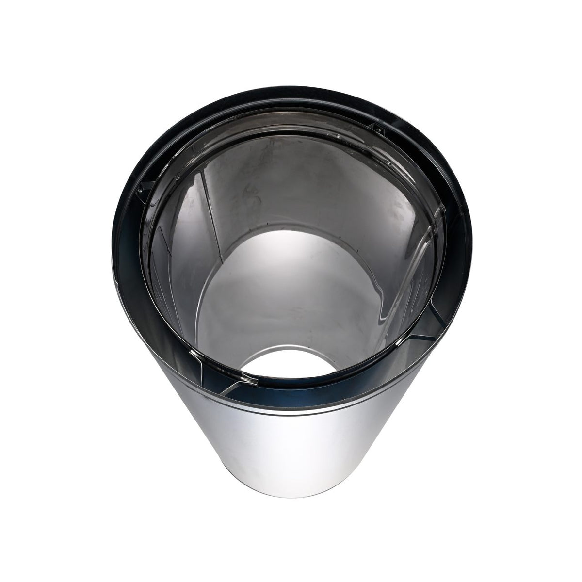 A close-up inner opening view of duratech II chimney pipe showing a circular black metal wall. Exceptional factory-built all-fuel chimney pipe, lightweight design, double-wall, air-cooled chimney system for use with masonry fireplaces which burn wood, oil, coal, or gas.