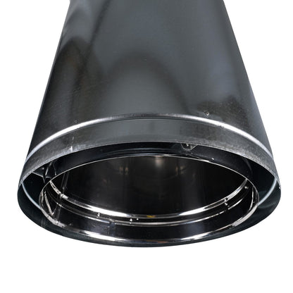 Angle view of stainless steel duratech II chimney pipe showing a circular opening  with metal wall. Exceptional factory-built all-fuel chimney pipe, lightweight design, double-wall, air-cooled chimney system for use with masonry fireplaces which burn wood, oil, coal, or gas.