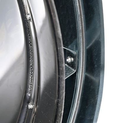 close-up view of stainless steel duratech II chimney pipe showing a circular opening with metal wall. Exceptional factory-built all-fuel chimney pipe, lightweight design, double-wall, air-cooled chimney system for use with masonry fireplaces which burn wood, oil, coal, or gas.