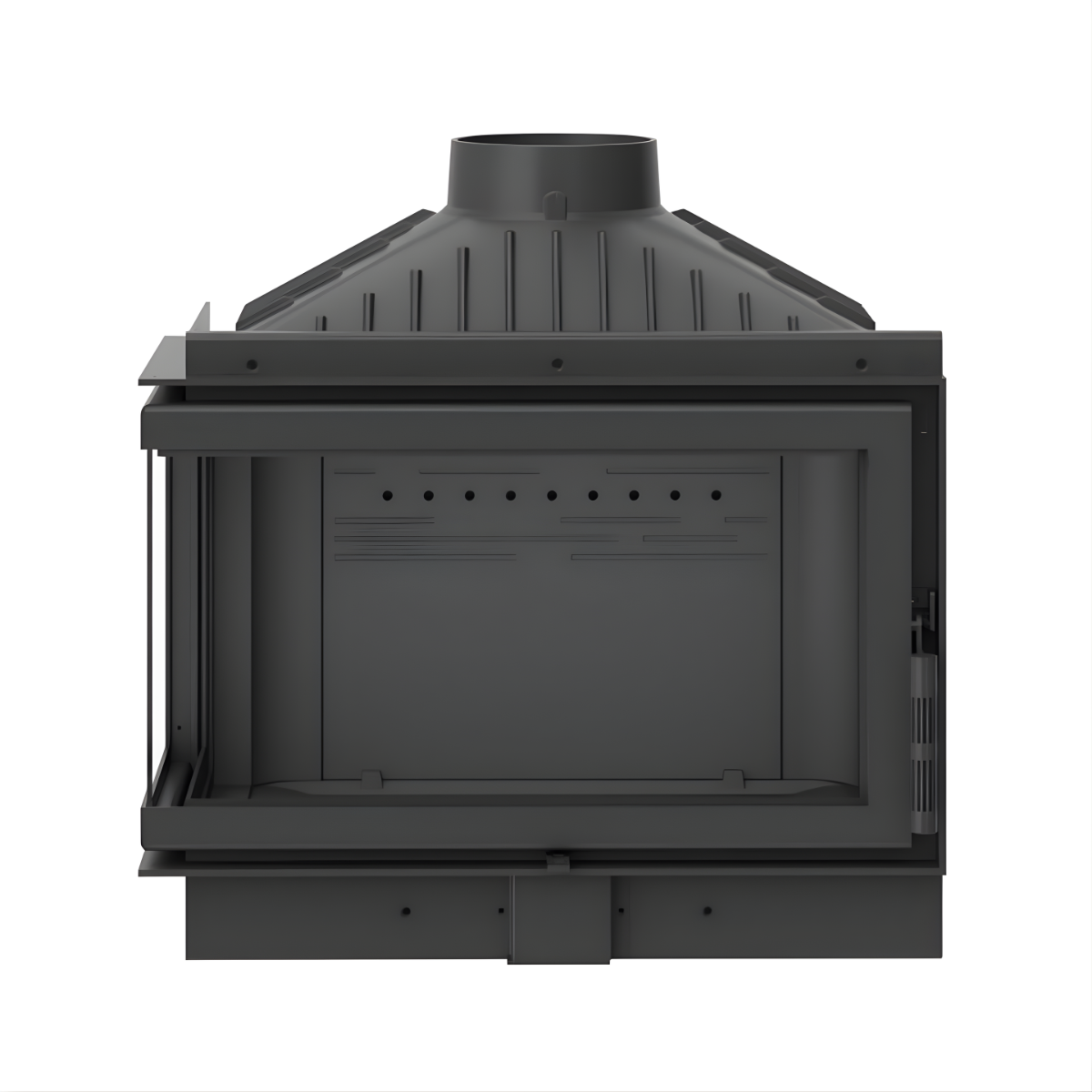 Front view of Left Corner Dorako ECO MAX 7 L/R STANDARD wood stove  on a white background. Black color Wall-Insert Fireplace with 720 x 720 x 460 mm Overall dimension